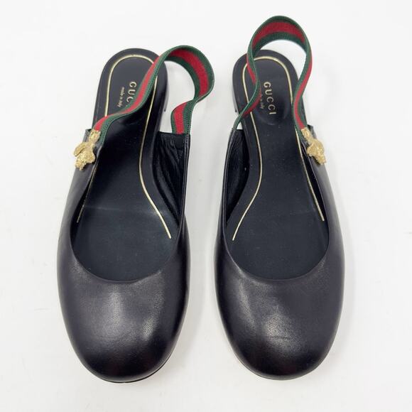 Gucci Bayadere Bee Web Stripe Black Leather Slingback Flats Size 38 - Picture 3 of 9